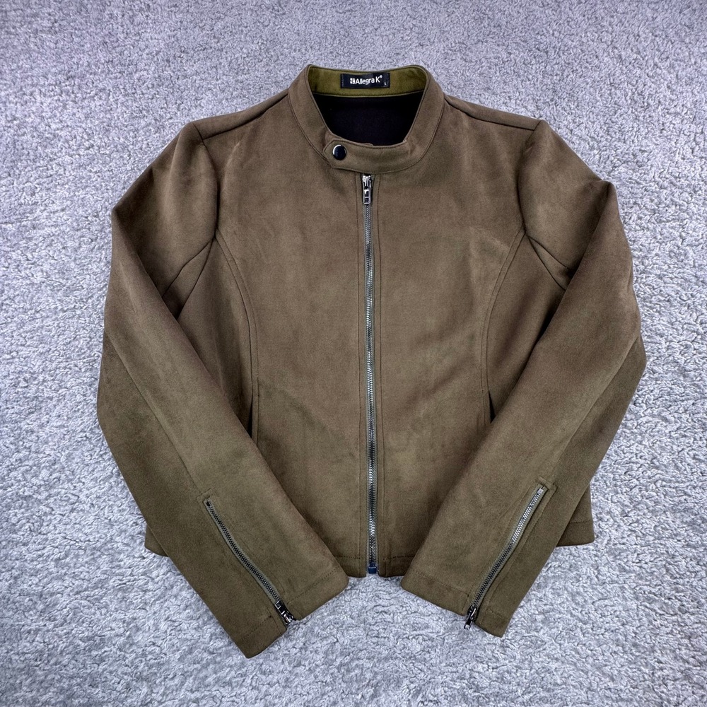 Allegra K Womens Olive Green Faux Suede Moto Biker Jacket Size L Zip Up SOFT